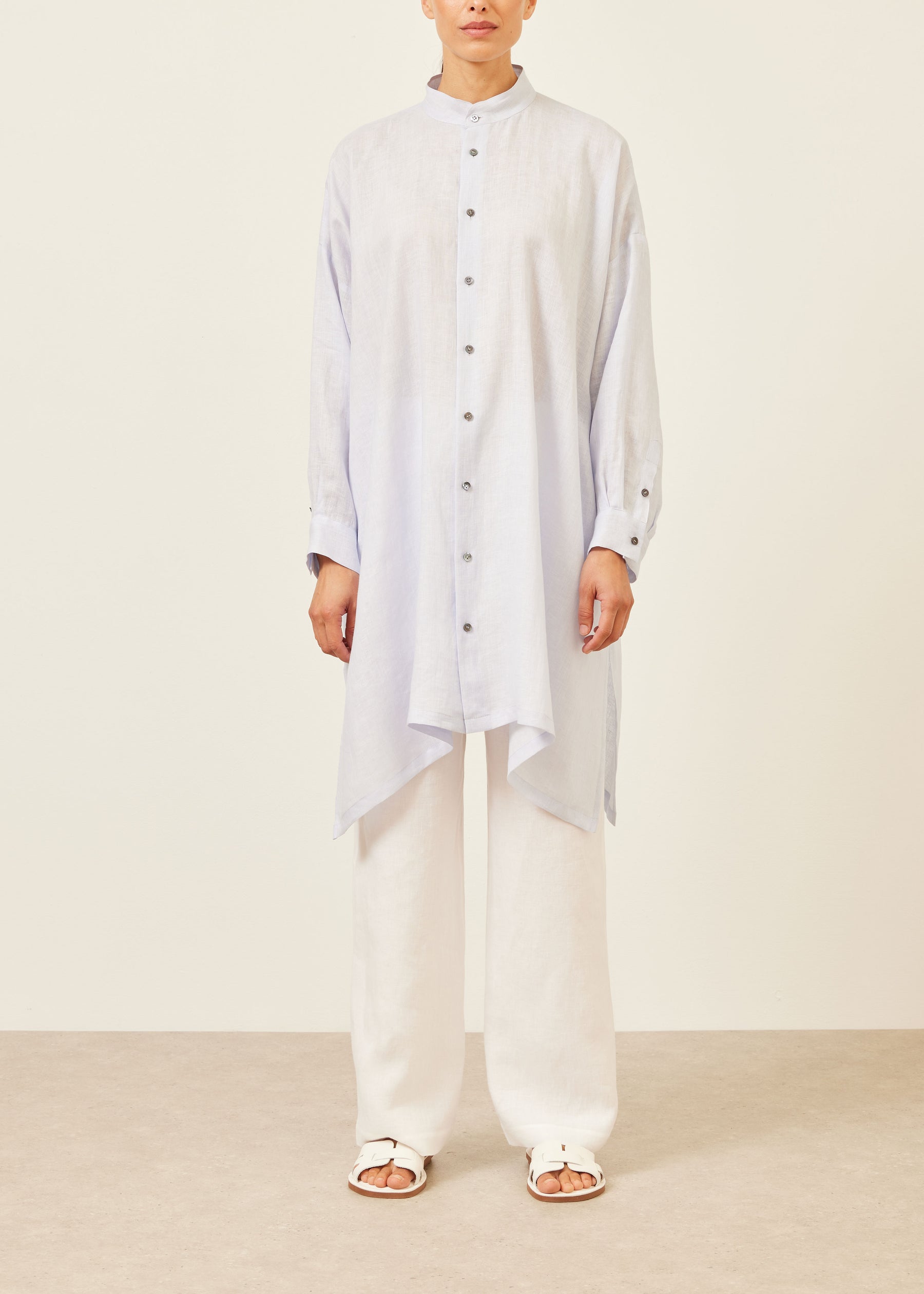 linen wide a-line collarless shirt - very long with slits