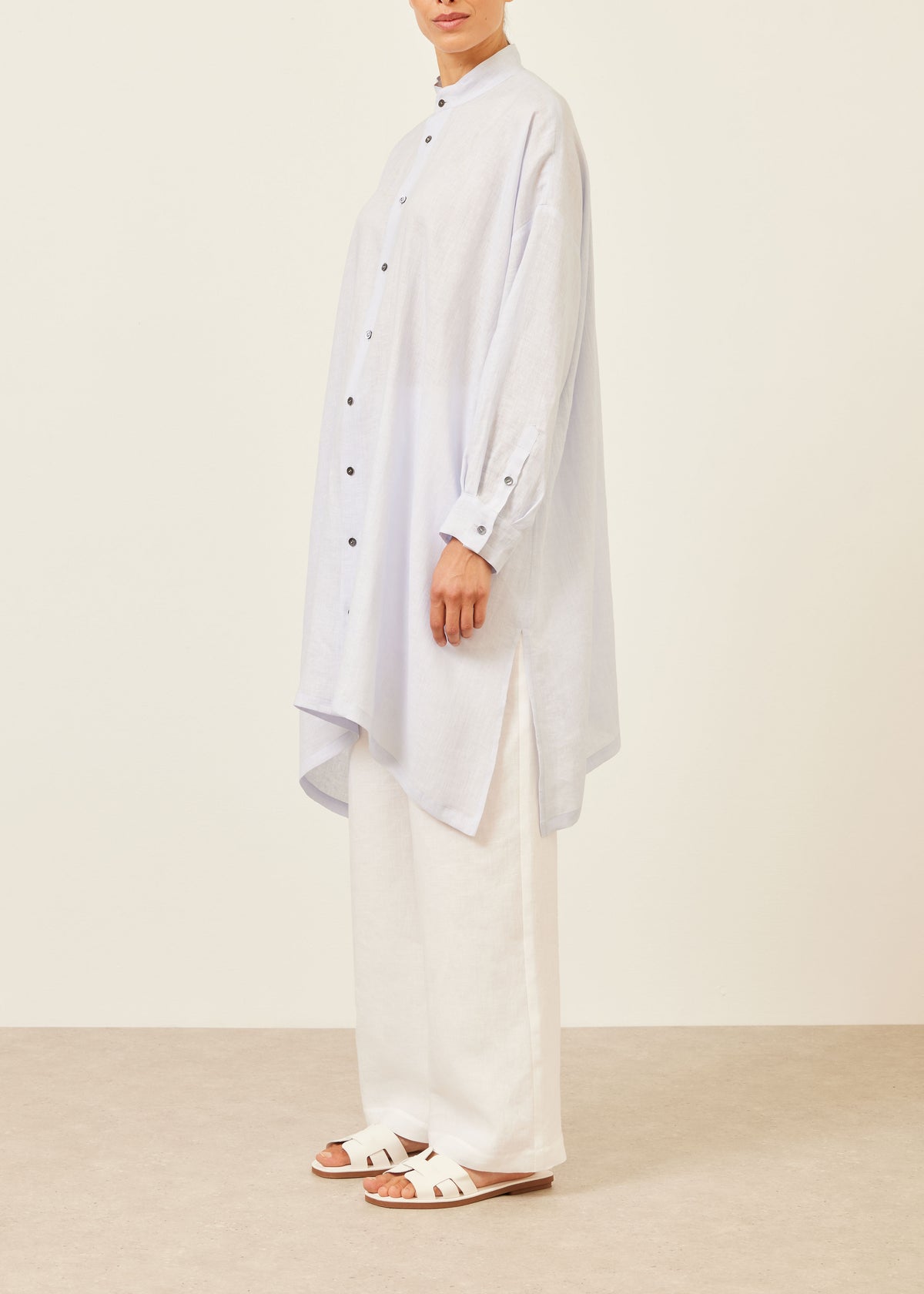 linen wide a-line collarless shirt - very long with slits