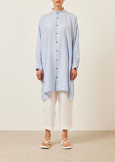 linen mix wide a-line collarless shirt - very long with slits