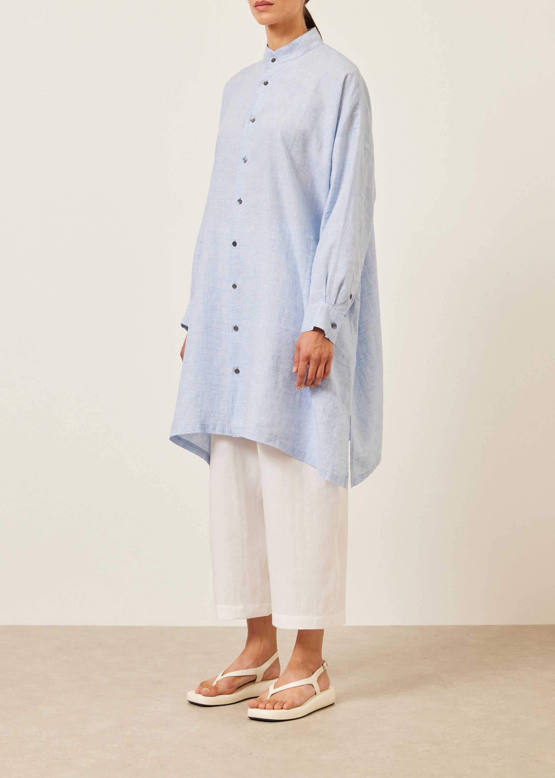 linen mix wide a-line collarless shirt - very long with slits