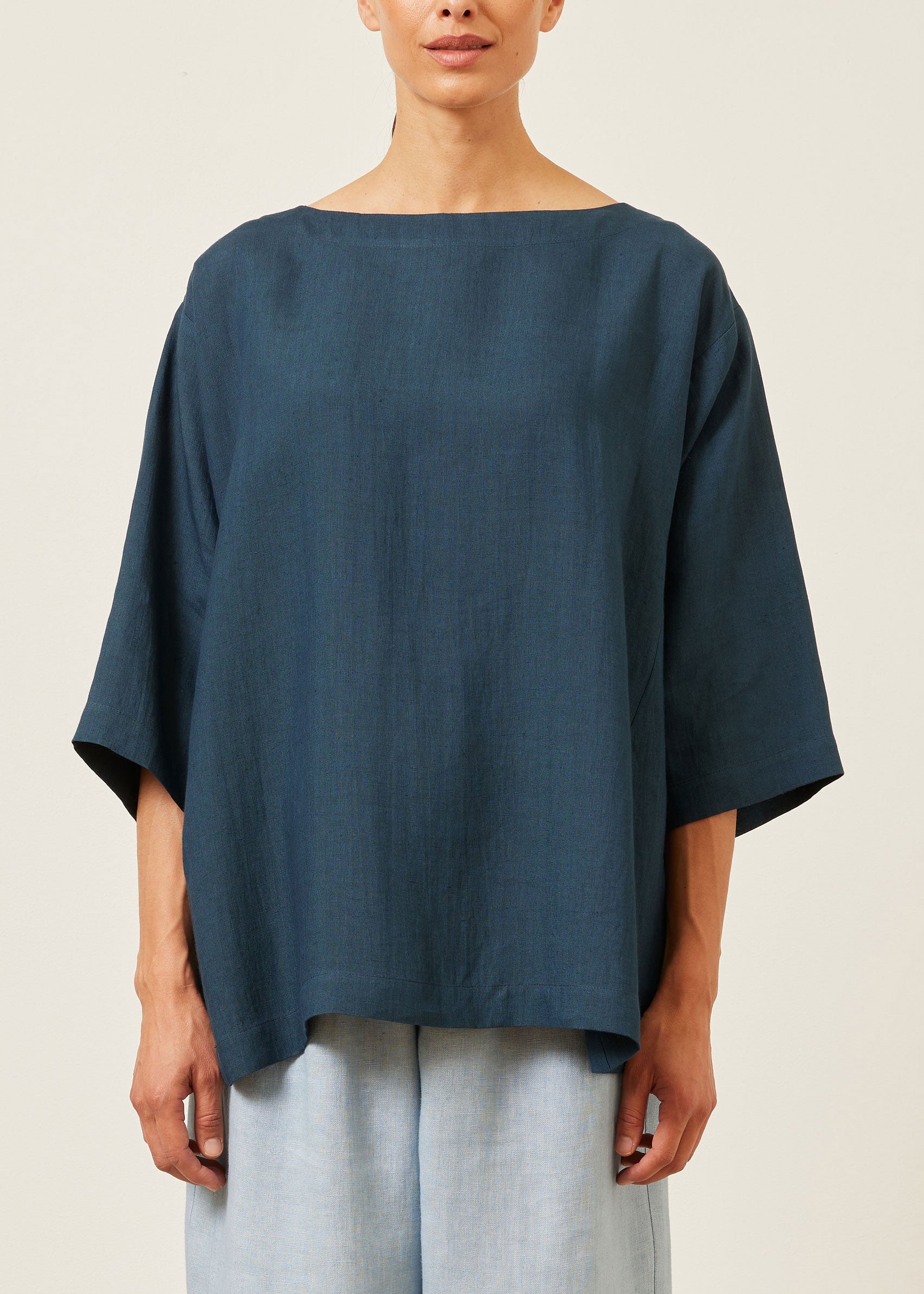 linen side panelled 3/4 sleeve scoop neck tunic  - long