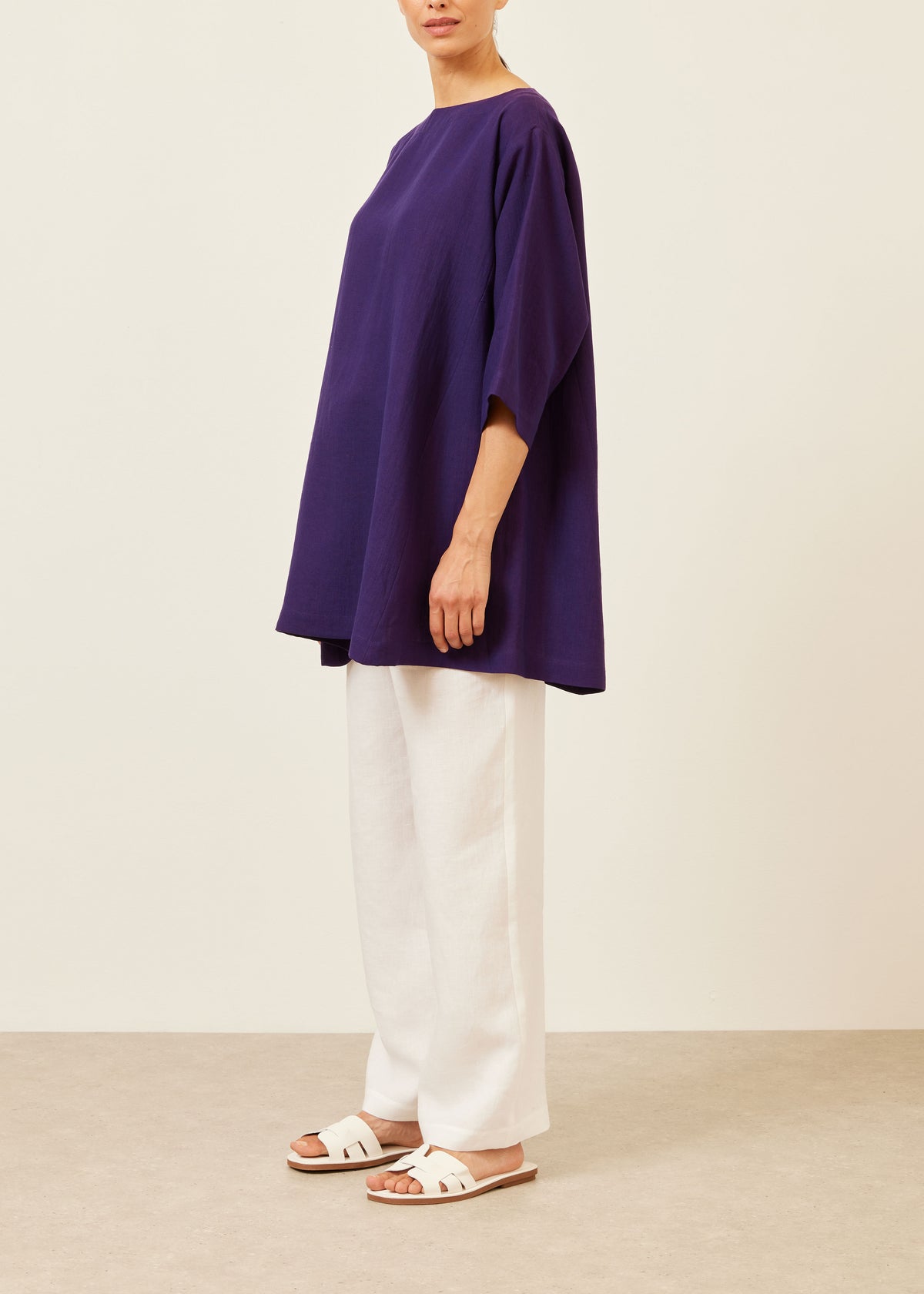 linen side panelled 3/4 sleeve scoop neck tunic  - long