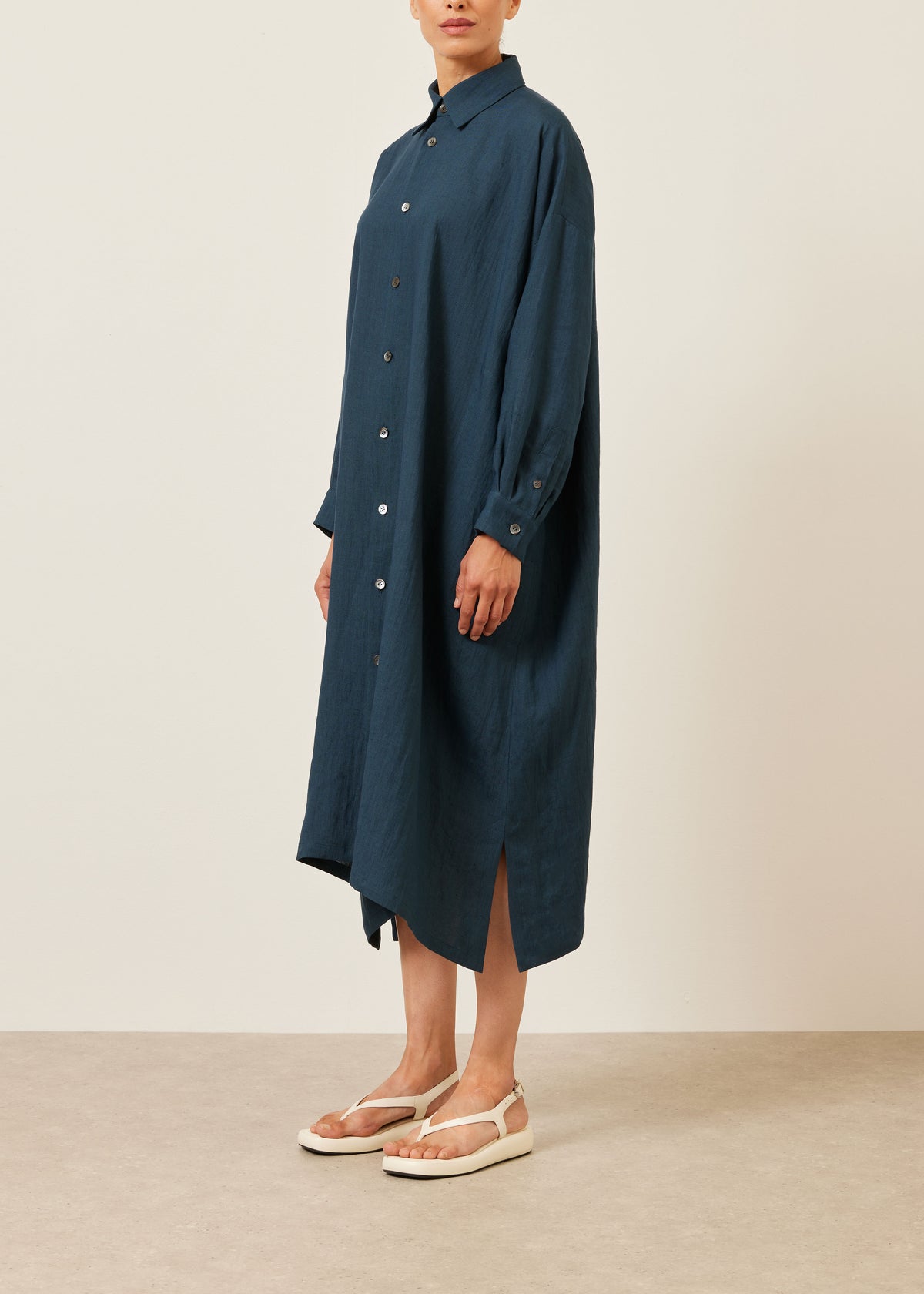 linen wide a-line shirt dress with collar