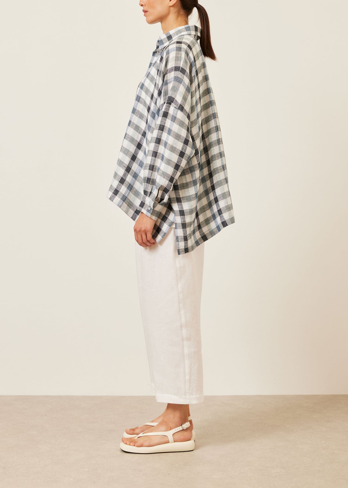 linen mix wide longer back shirt with collar - mid plus