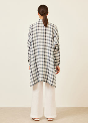 linen mix wide collarless shirt - very long with slits