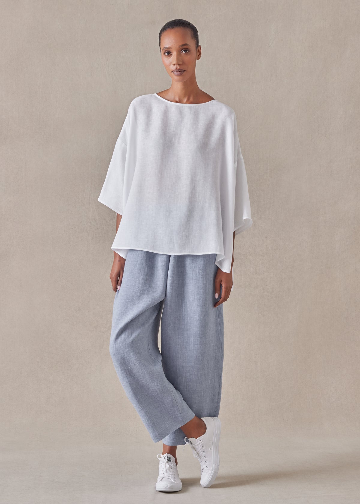 linen sloped shoulder wide a-line scoop neck top - mid