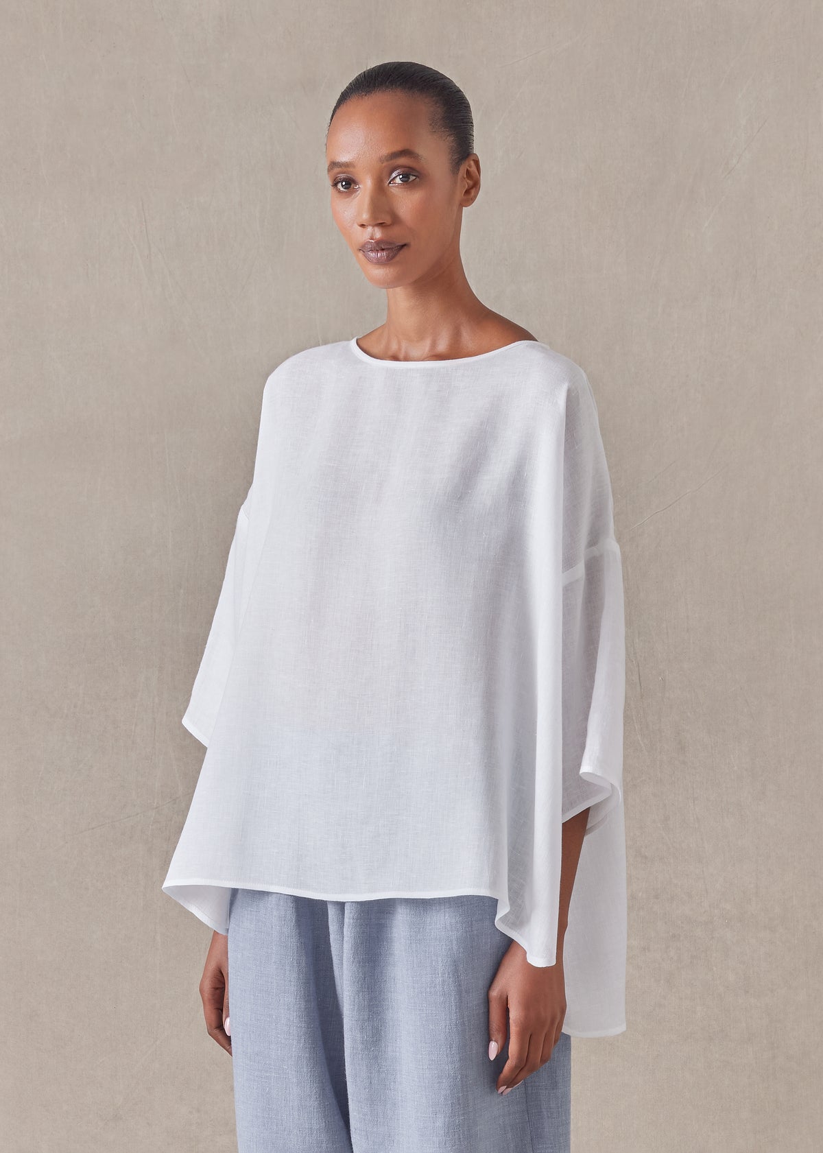 linen sloped shoulder wide a-line scoop neck top - mid