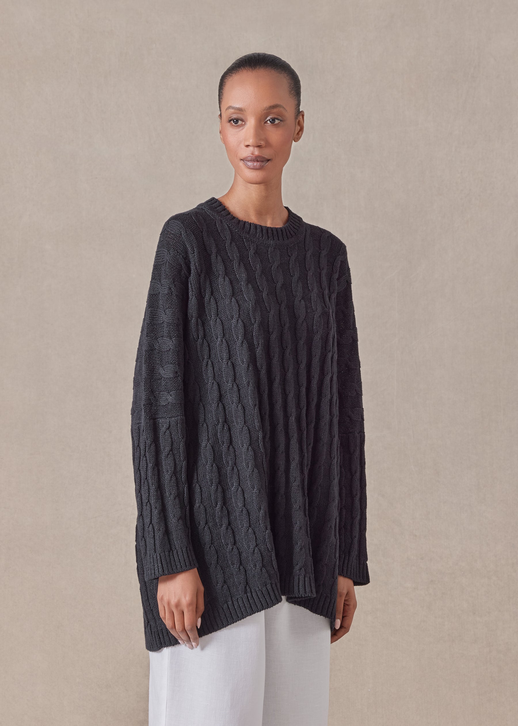 cotton linen mix  round neck sweater - long