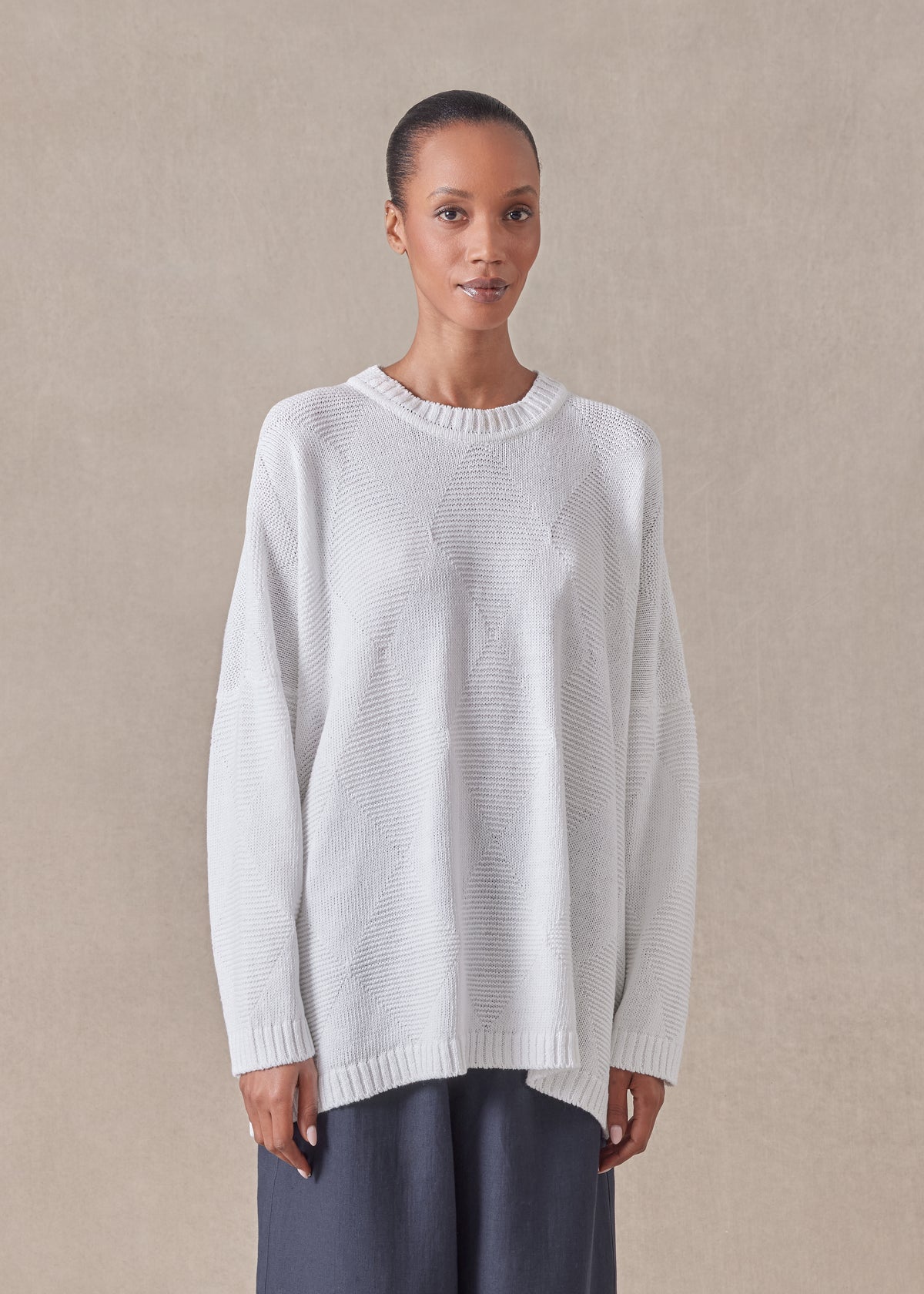 cotton linen mix  3/4 width round neck sweater - mid plus