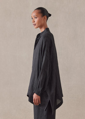 cotton mix wide longer back collarless shirt - long