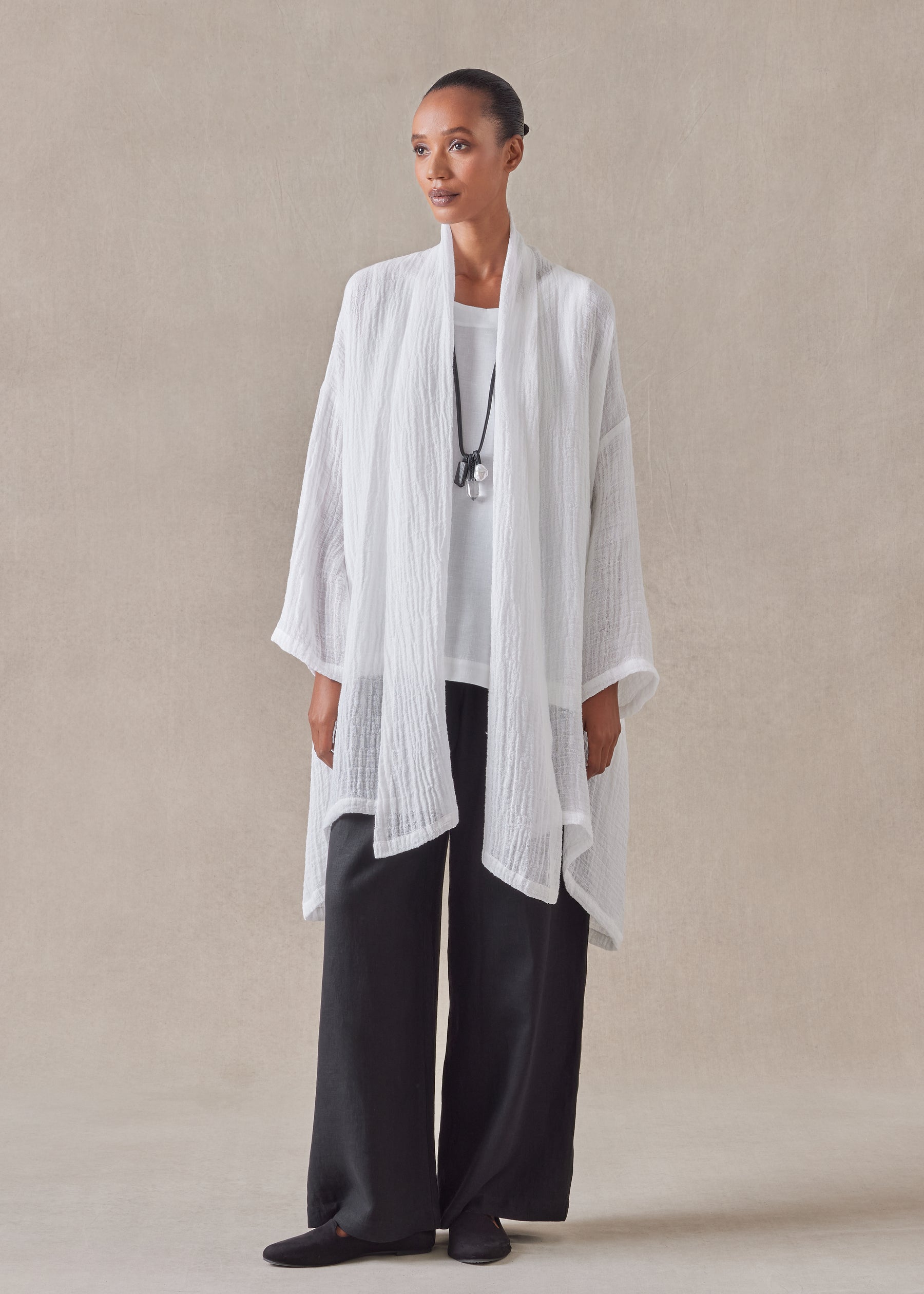 linen wide a-line scrunch shawl collar jacket - long plus