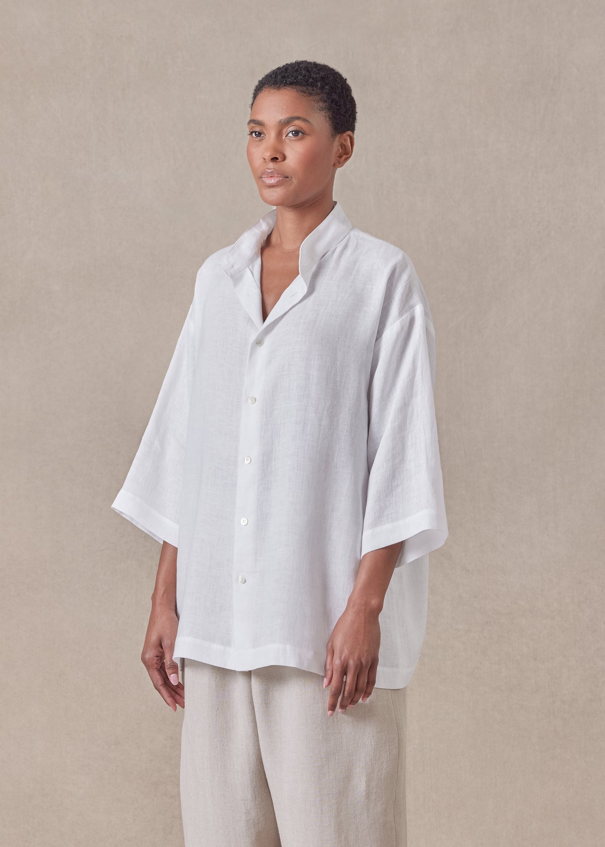 linen slim collarless short sleeve shirt - regular