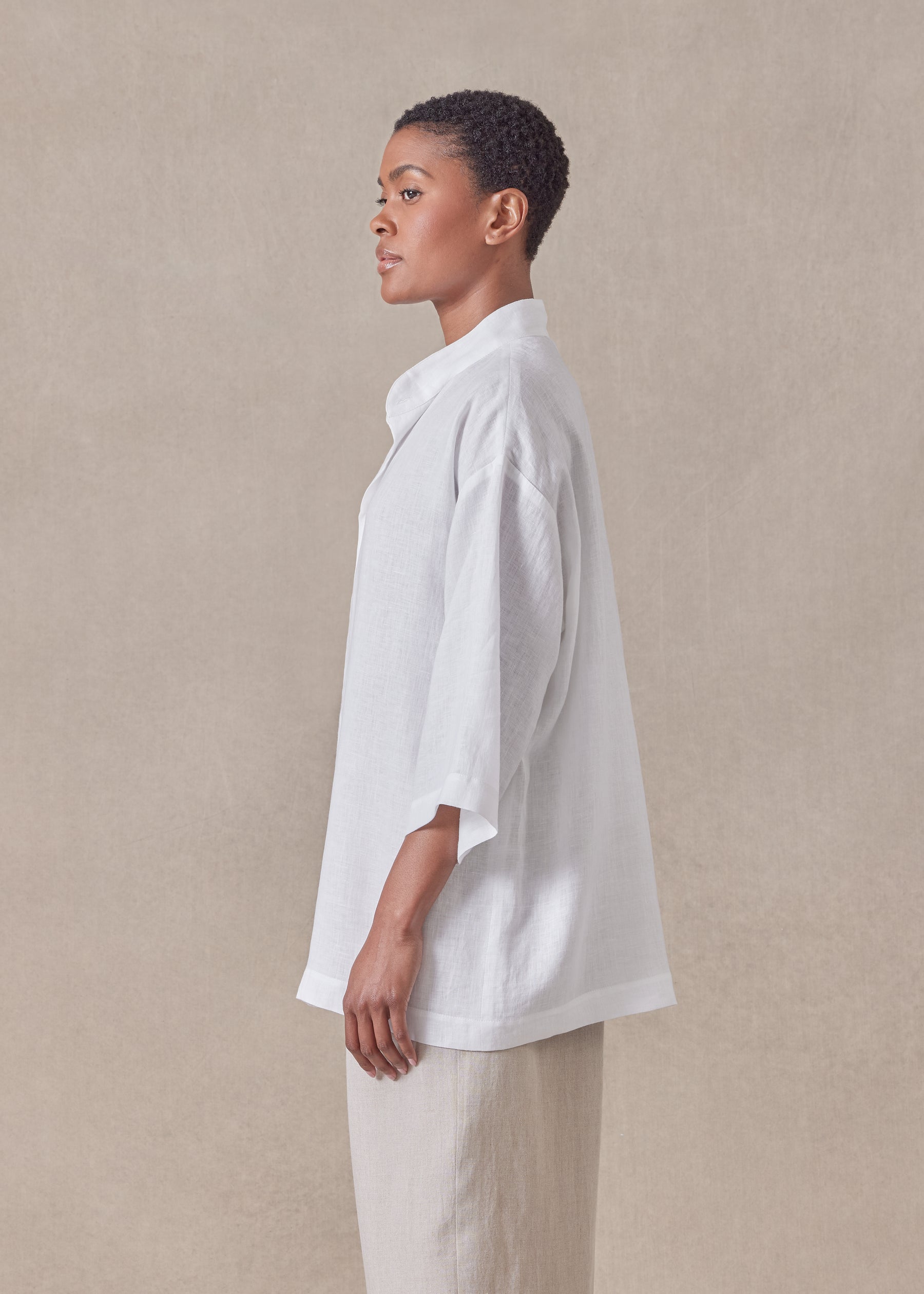 linen slim collarless short sleeve shirt - regular