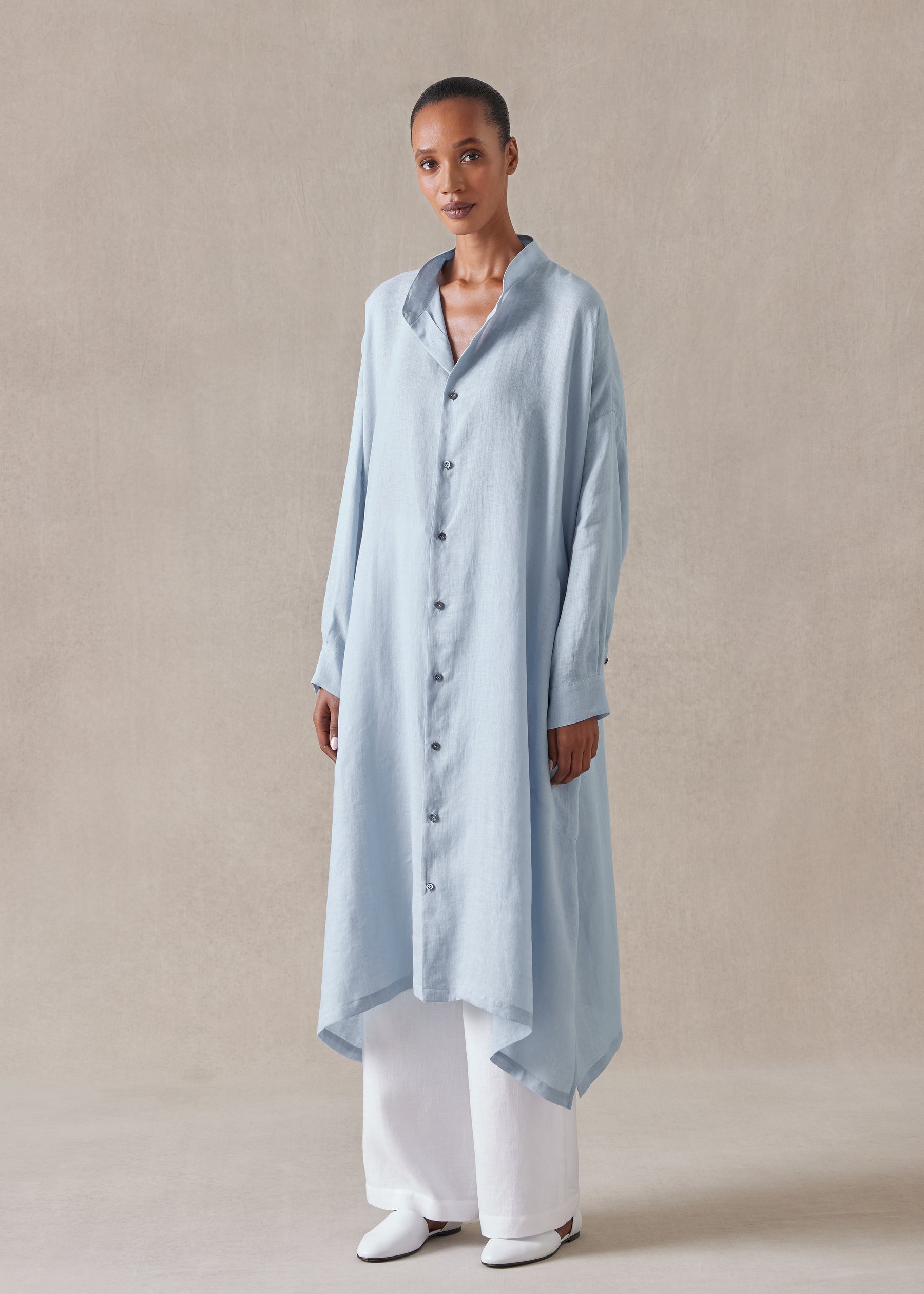 linen wide a-line collarless shirt dress