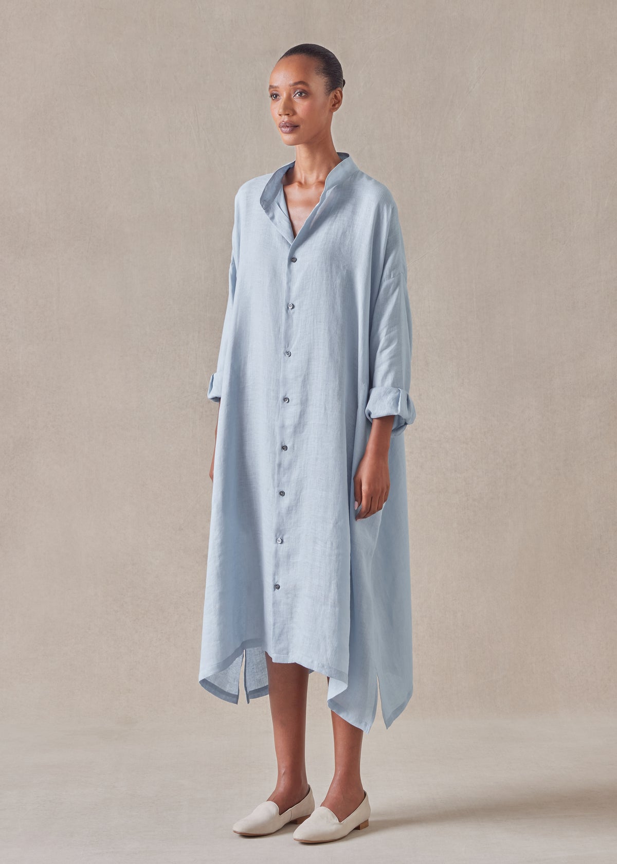 linen wide a-line collarless shirt dress