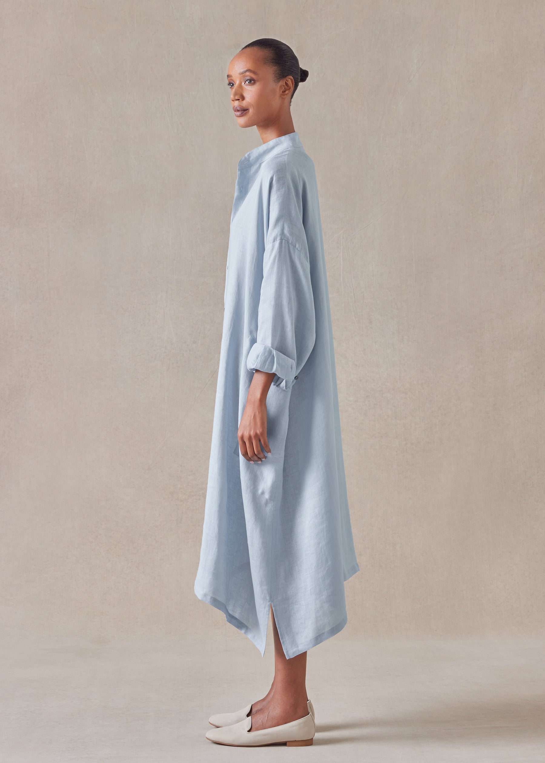 linen wide a-line collarless shirt dress