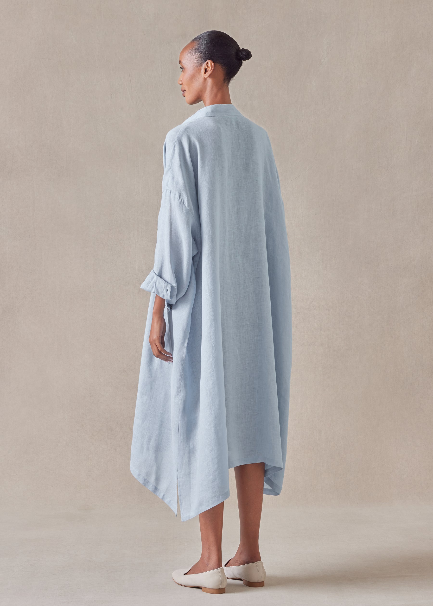 linen wide a-line collarless shirt dress