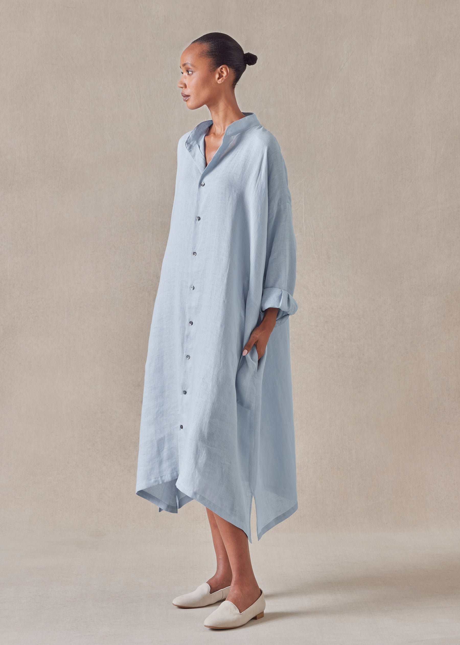 linen wide a-line collarless shirt dress