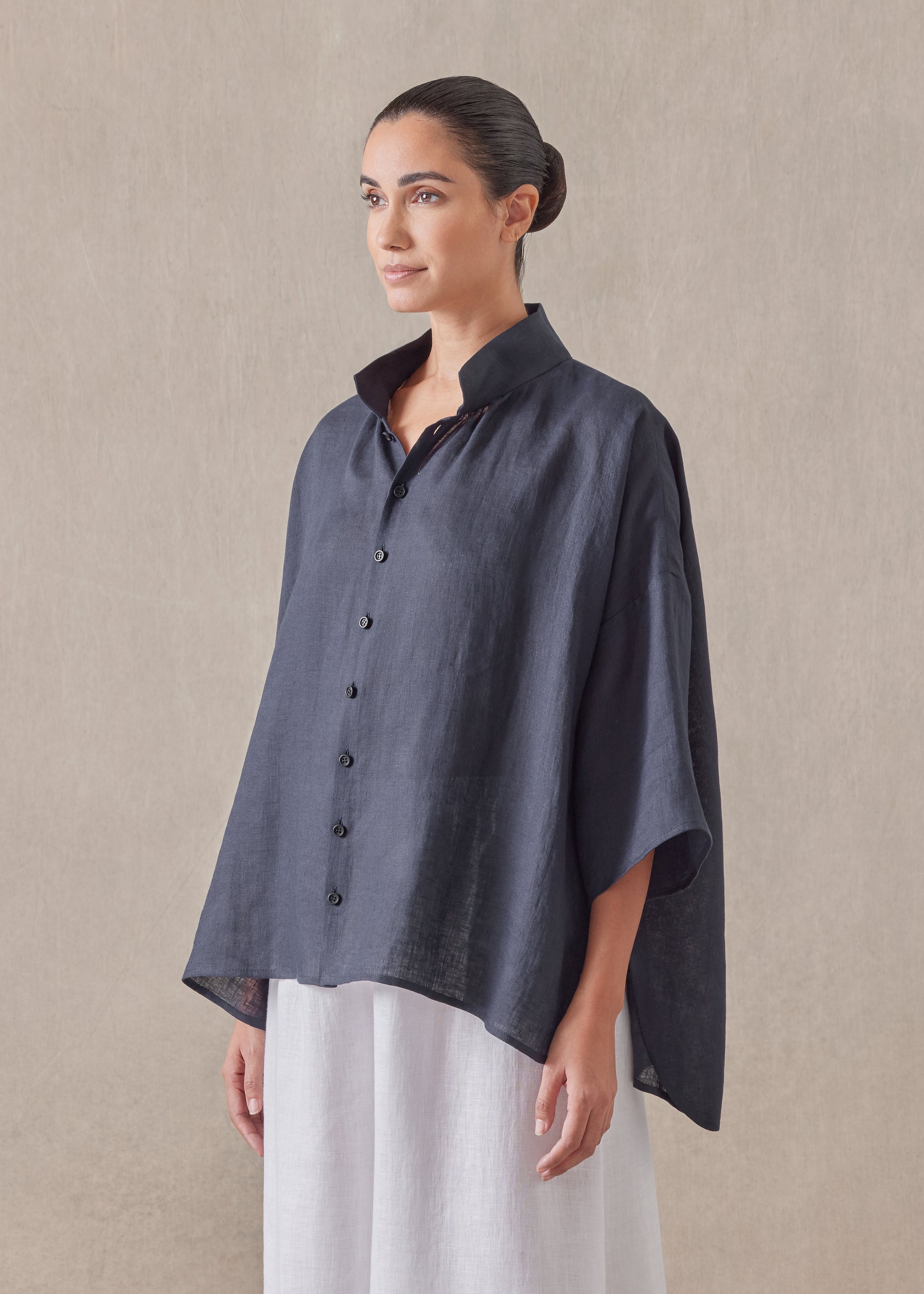 linen sloped shoulder wide a-line pleated collar short sleeve shirt - mid