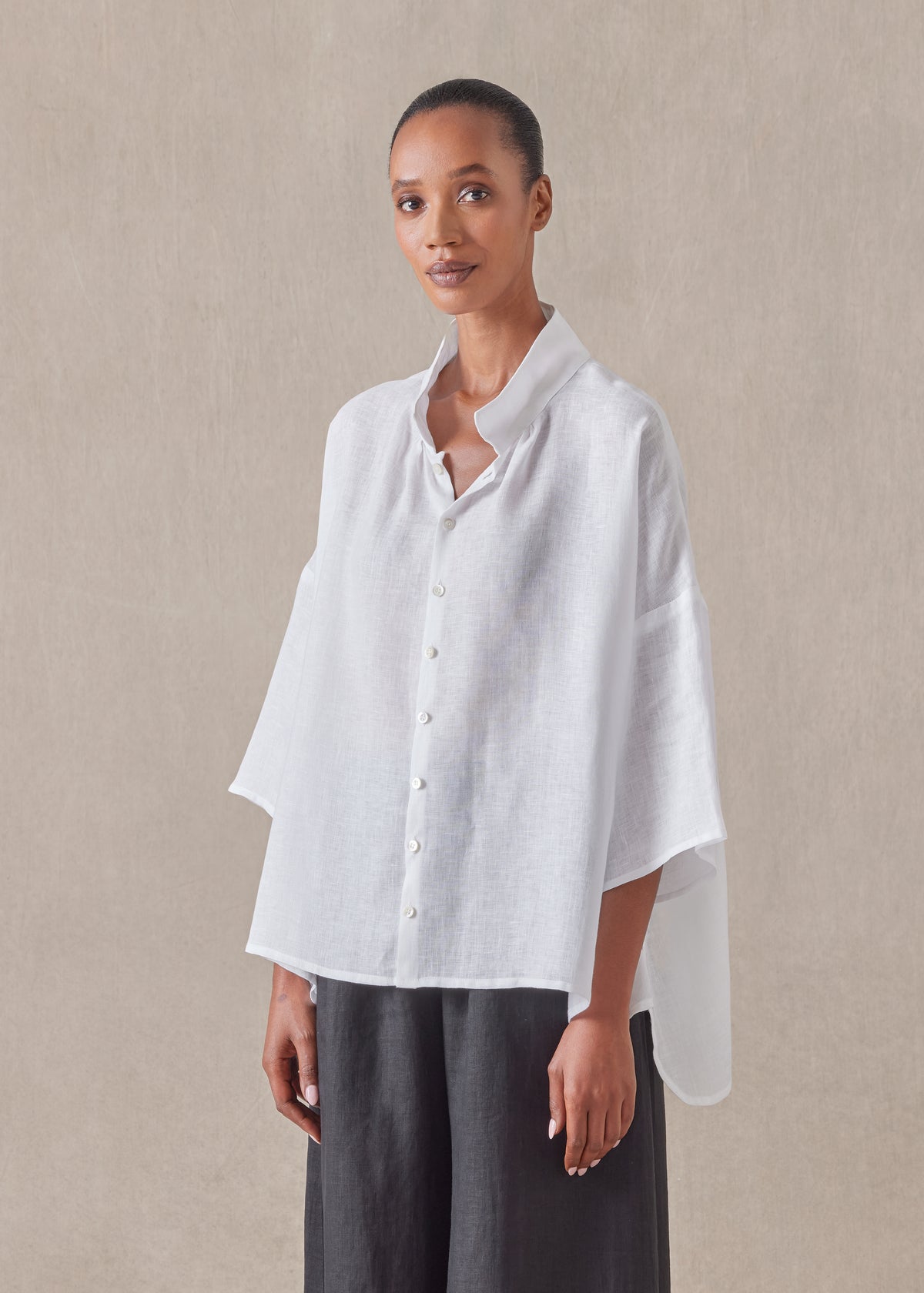 linen sloped shoulder wide a-line pleated collar short sleeve shirt - mid