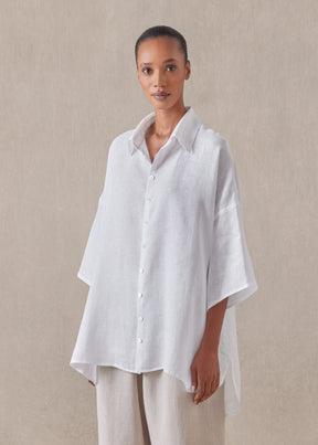 linen sloped shoulder wide a-line short sleeve shirt with collar - long