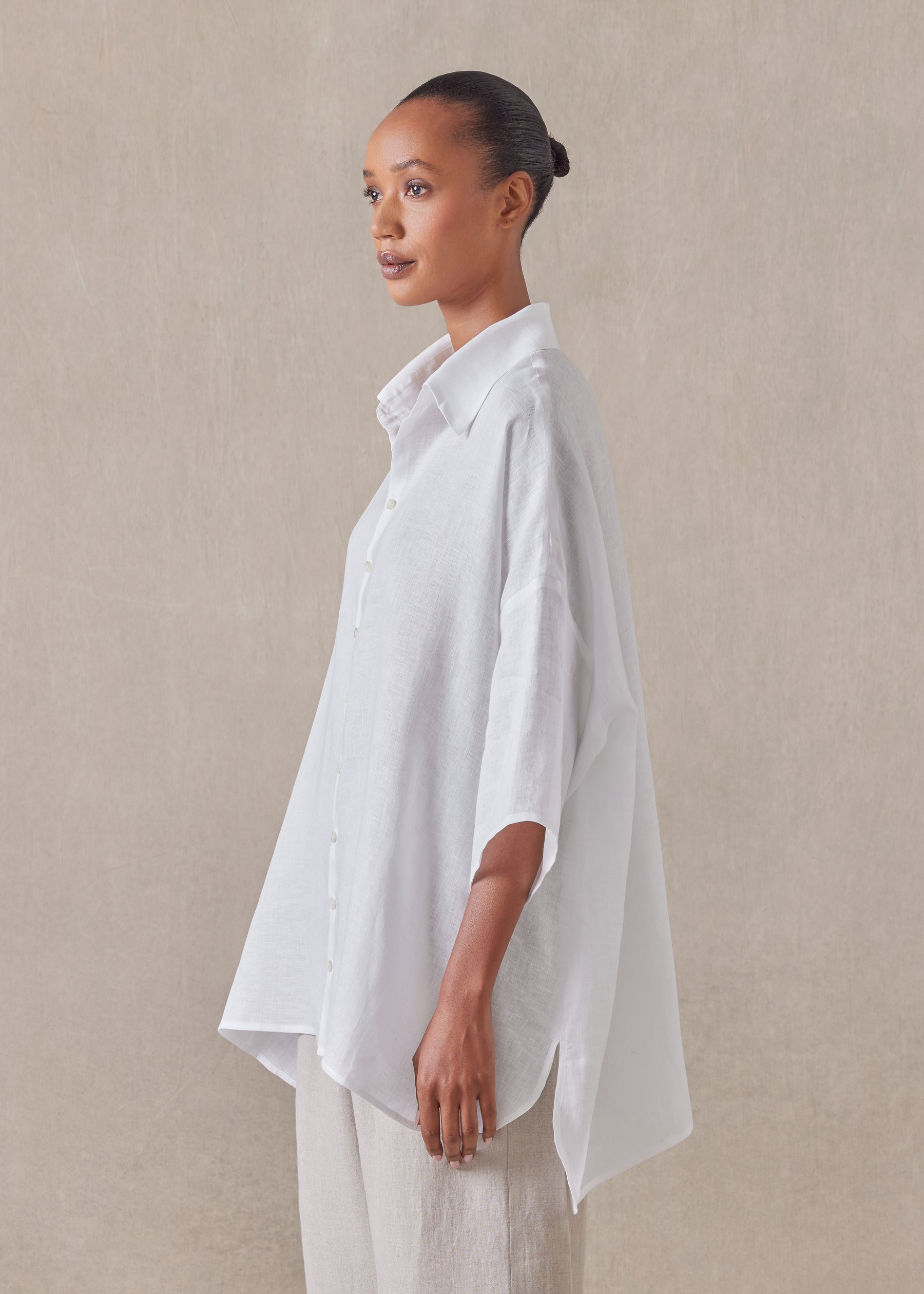 linen sloped shoulder wide a-line short sleeve shirt with collar - long