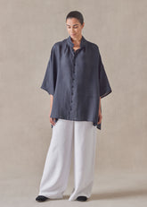 linen sloped shoulder wide a-line pleated collar short sleeve shirt - long