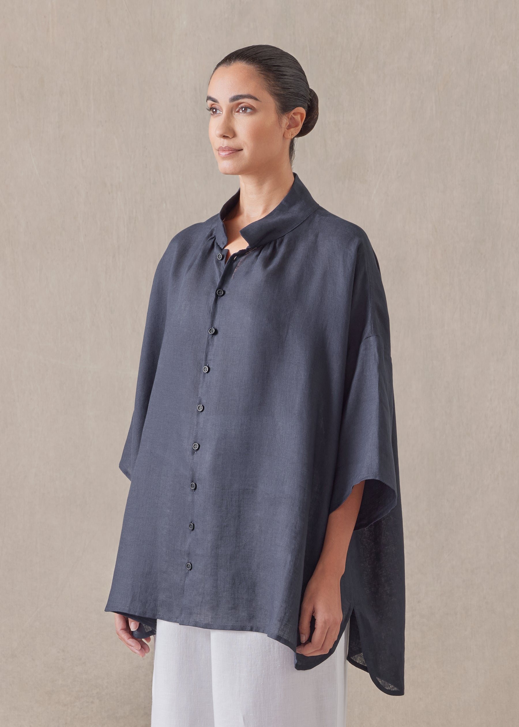 linen sloped shoulder wide a-line pleated collar short sleeve shirt - long