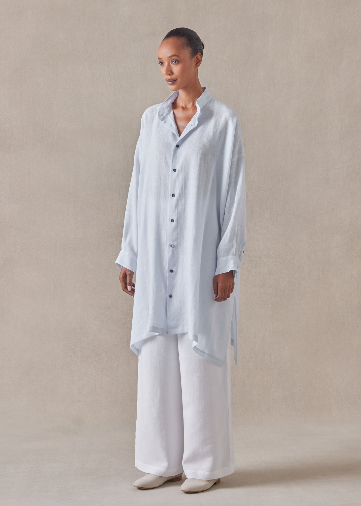 linen wide a-line collarless shirt - very long with slits