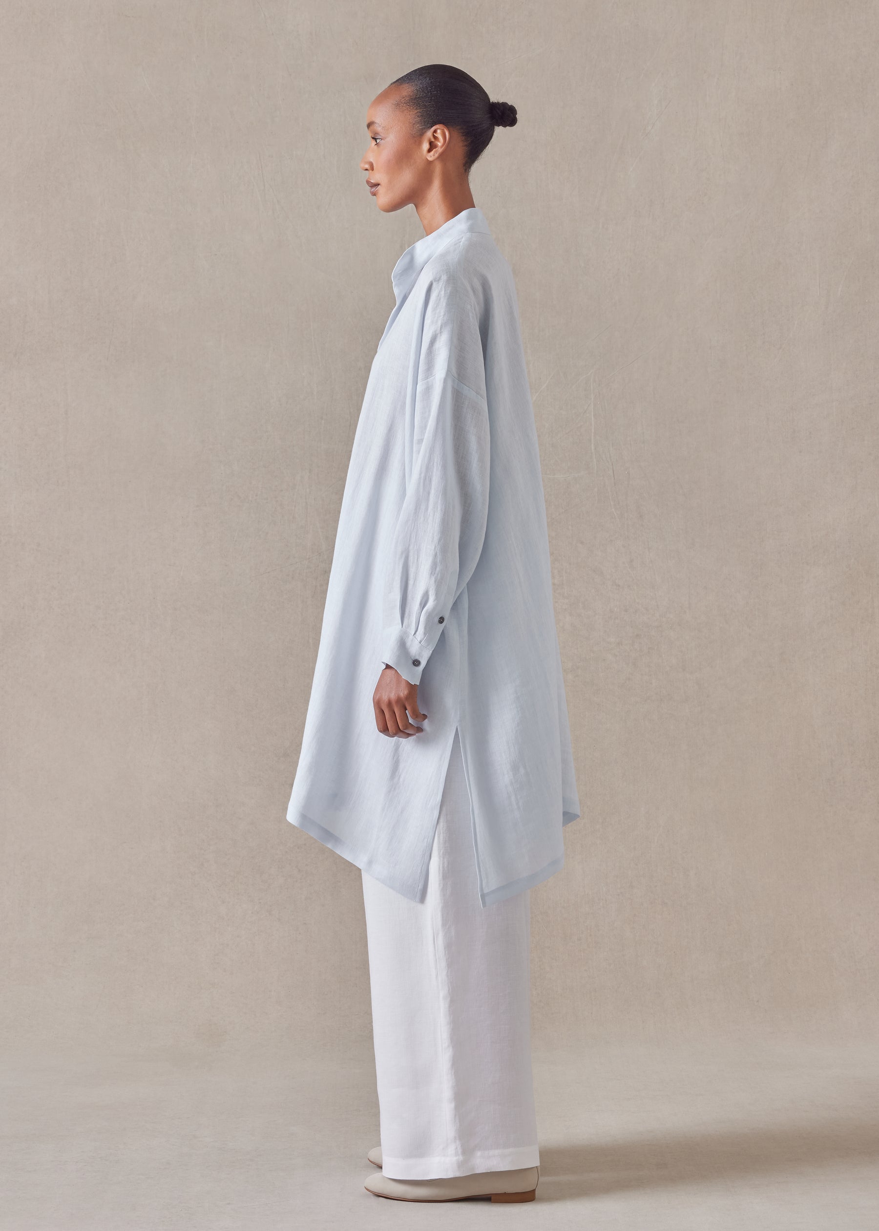 linen wide a-line collarless shirt - very long with slits