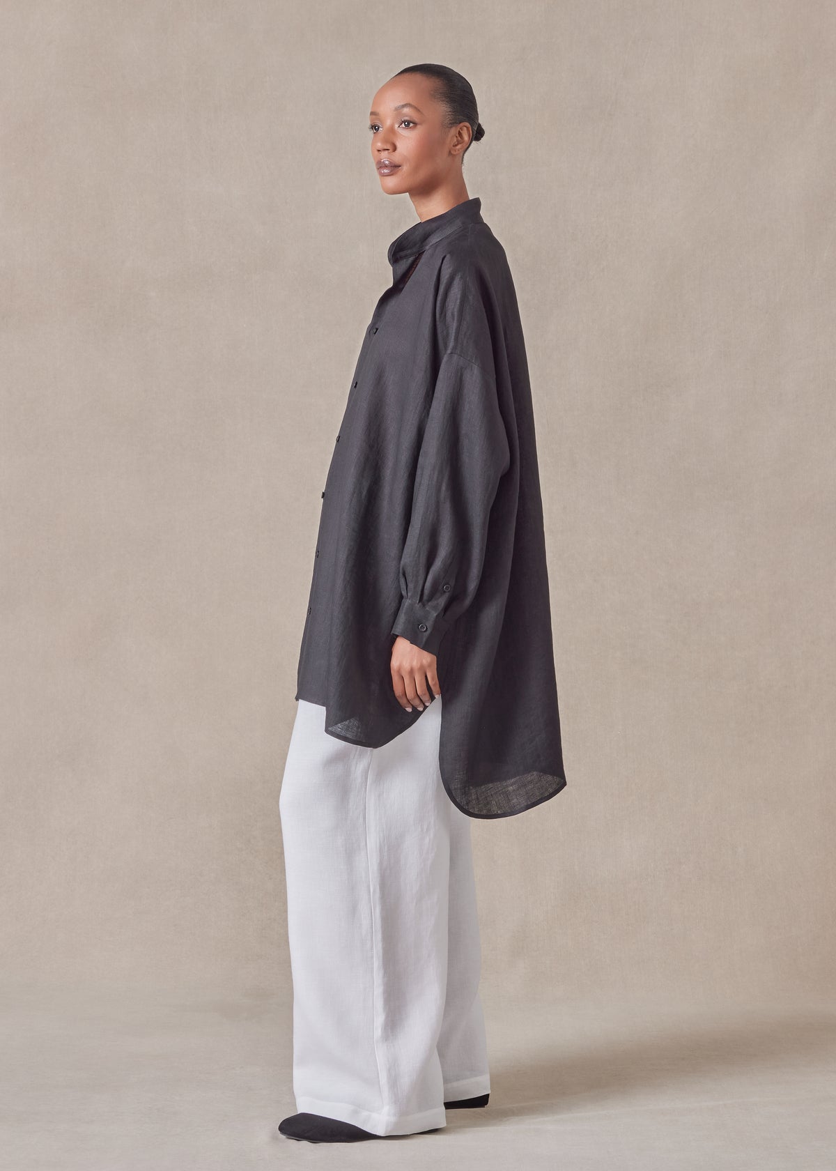 linen wide a-line collarless classic shirt - long plus