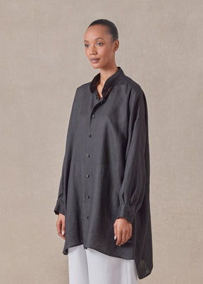 linen wide a-line collarless classic shirt - long plus