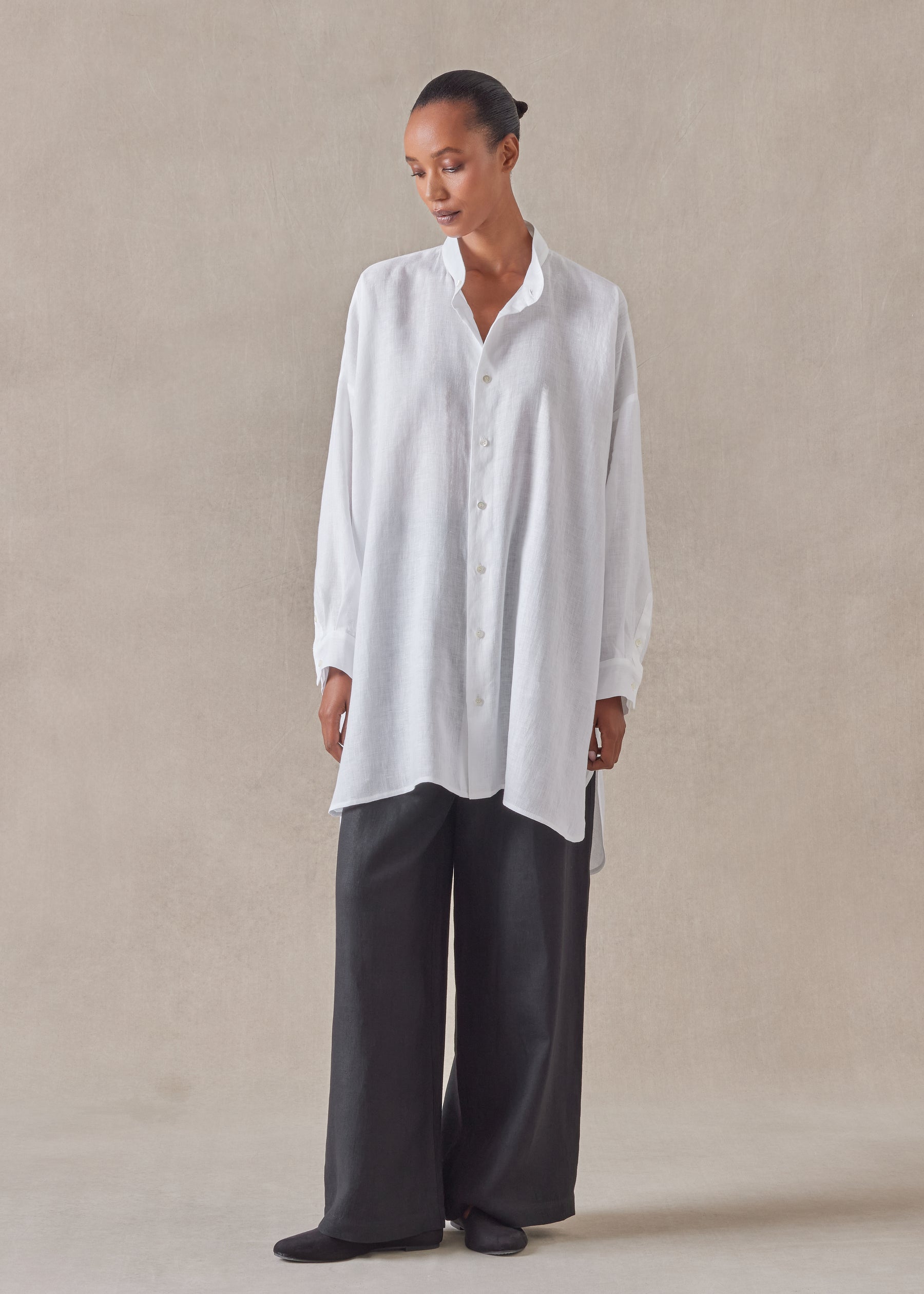 linen wide a-line collarless classic shirt - long plus