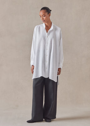 linen wide a-line collarless classic shirt - long plus