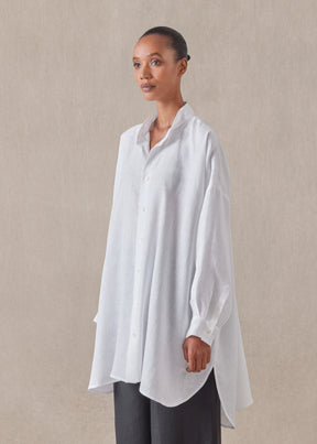 linen wide a-line collarless classic shirt - long plus