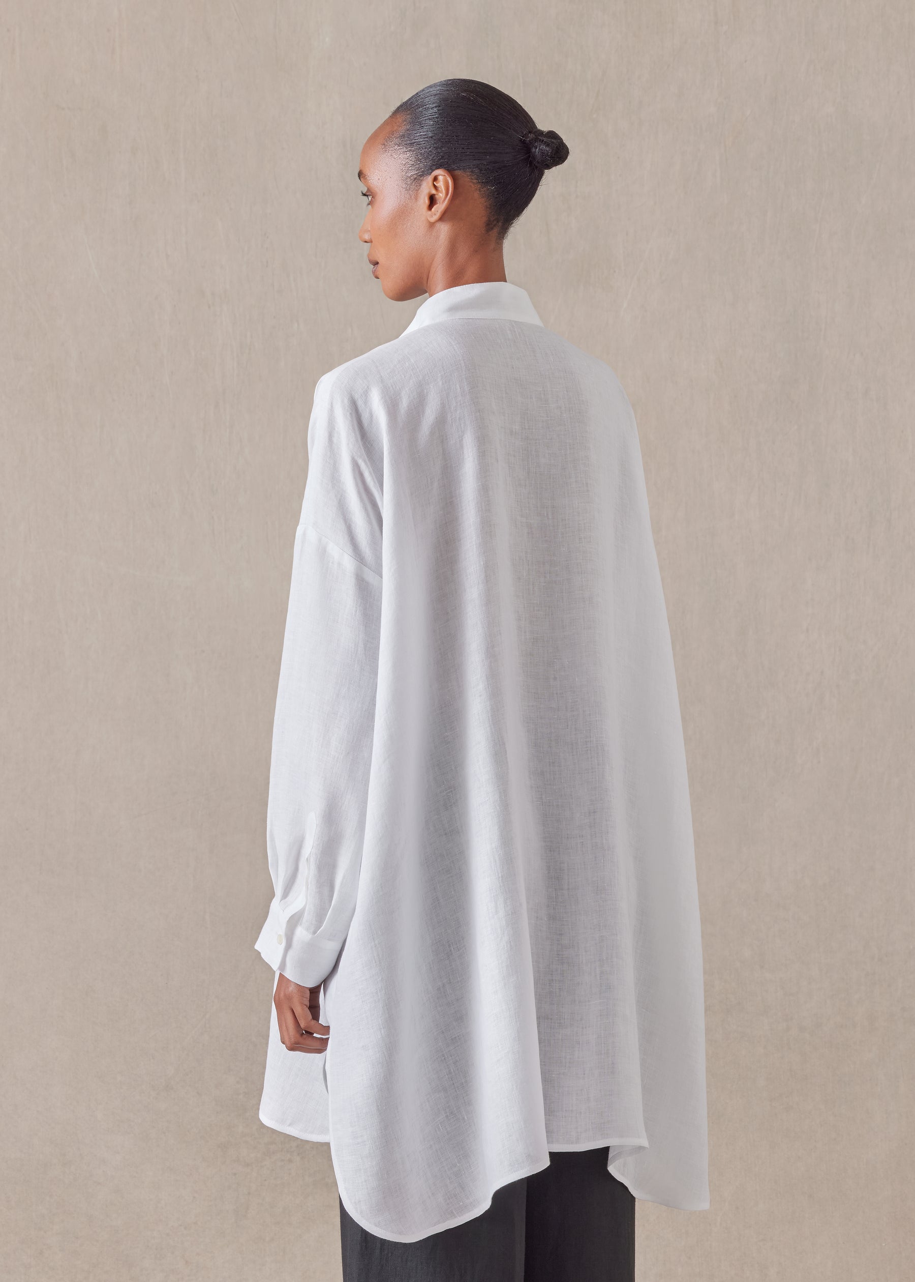 linen wide a-line collarless classic shirt - long plus