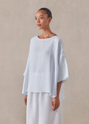 linen sloped shoulder wide a-line scoop neck top - mid