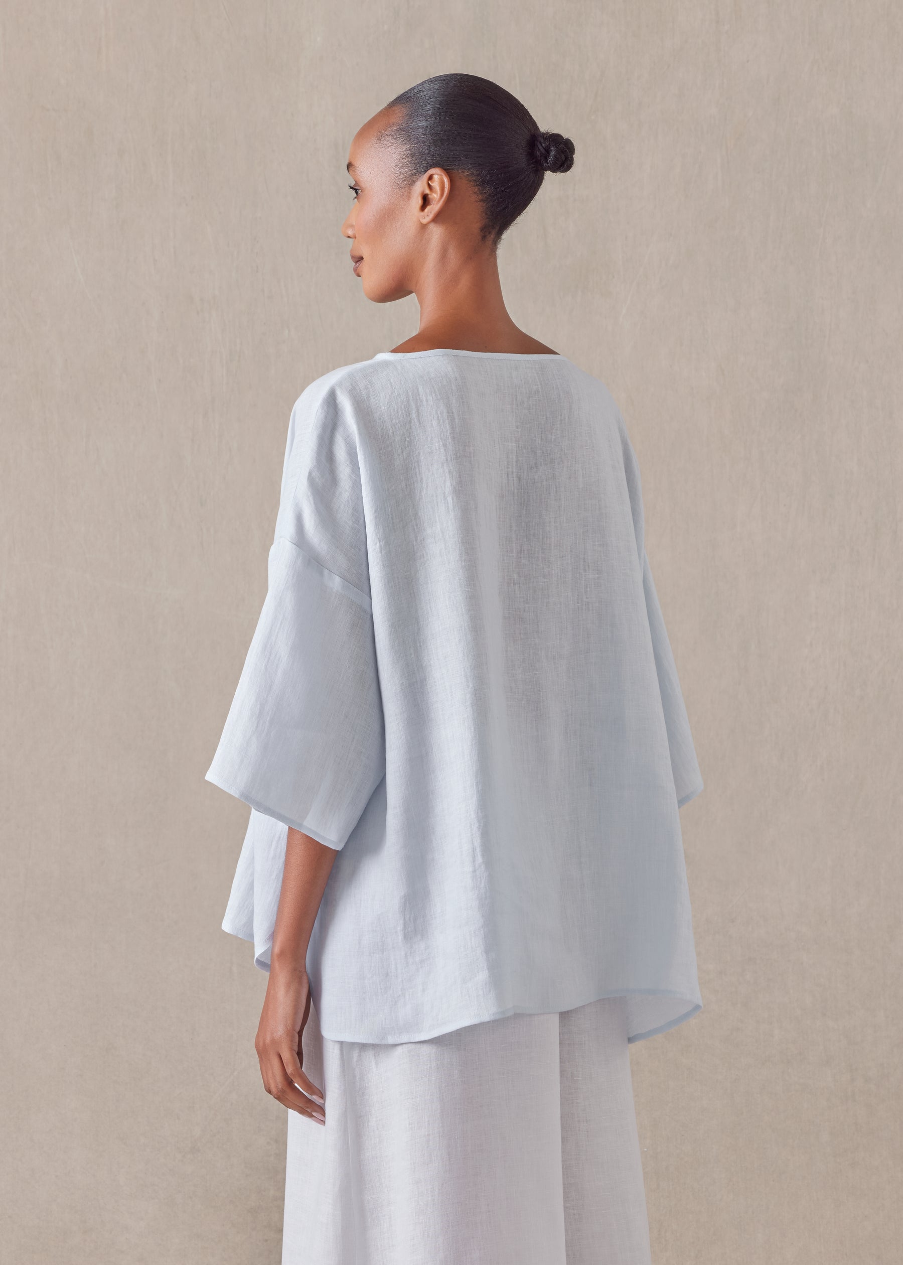 linen sloped shoulder wide a-line scoop neck top - mid