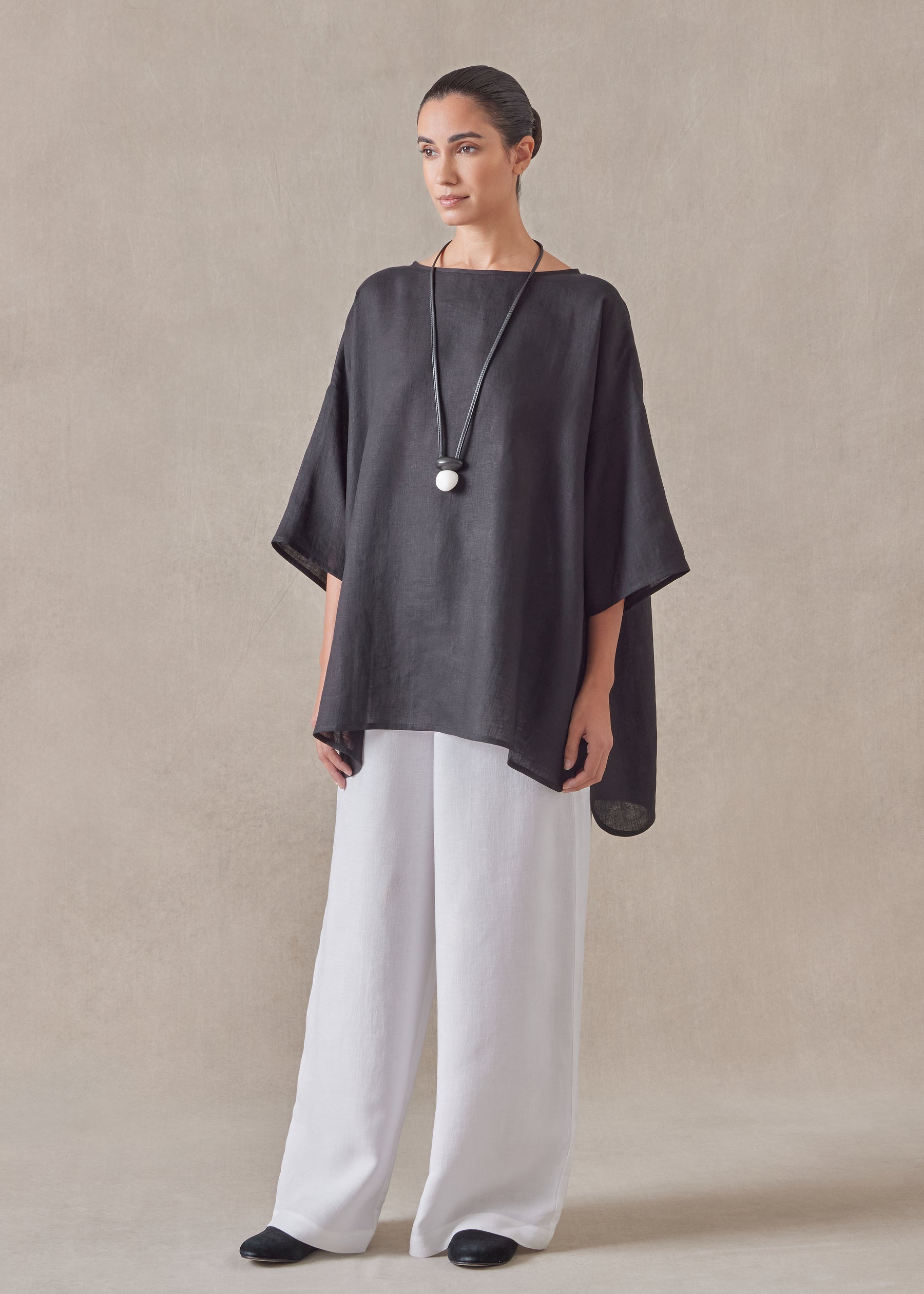 linen sloped shoulder wide a-line scoop neck top - long