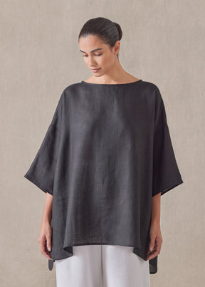 linen sloped shoulder wide a-line scoop neck top - long