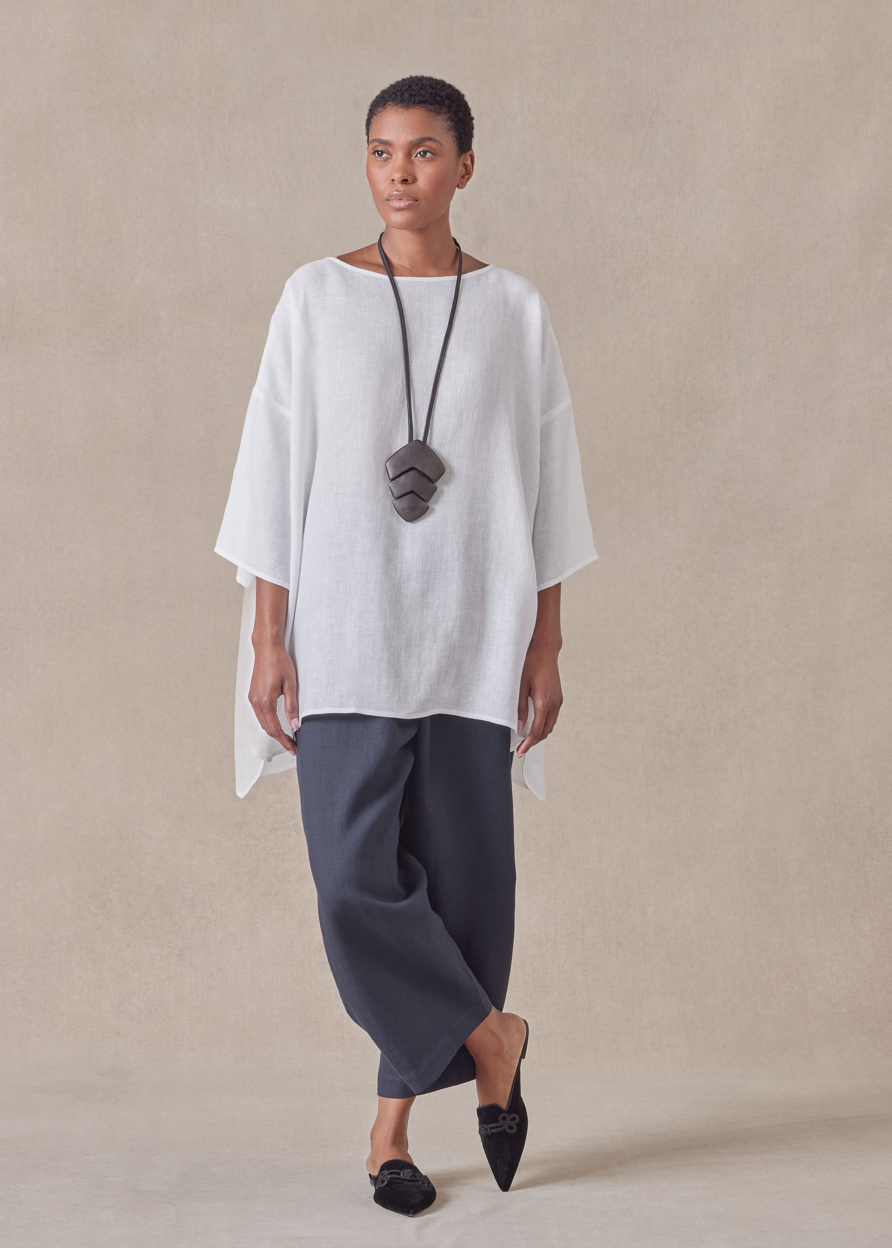 linen sloped shoulder wide a-line scoop neck top - long