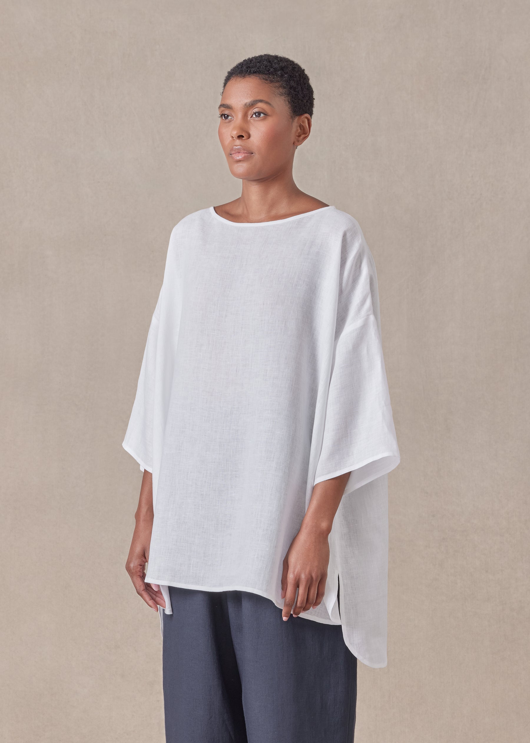 linen sloped shoulder wide a-line scoop neck top - long