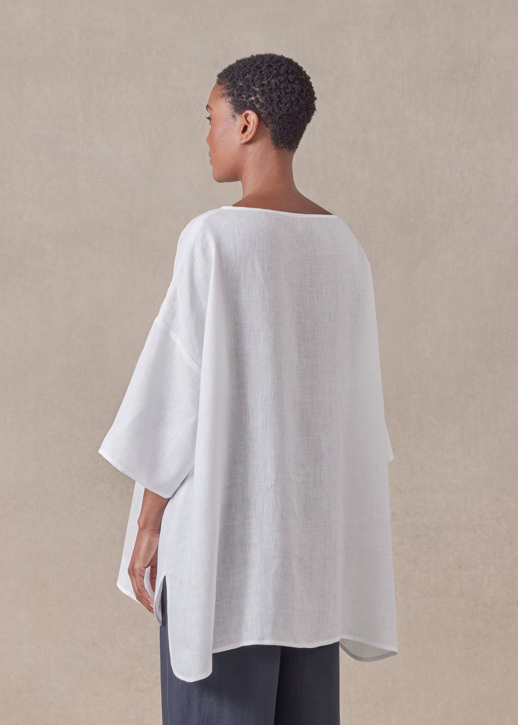 linen sloped shoulder wide a-line scoop neck top - long