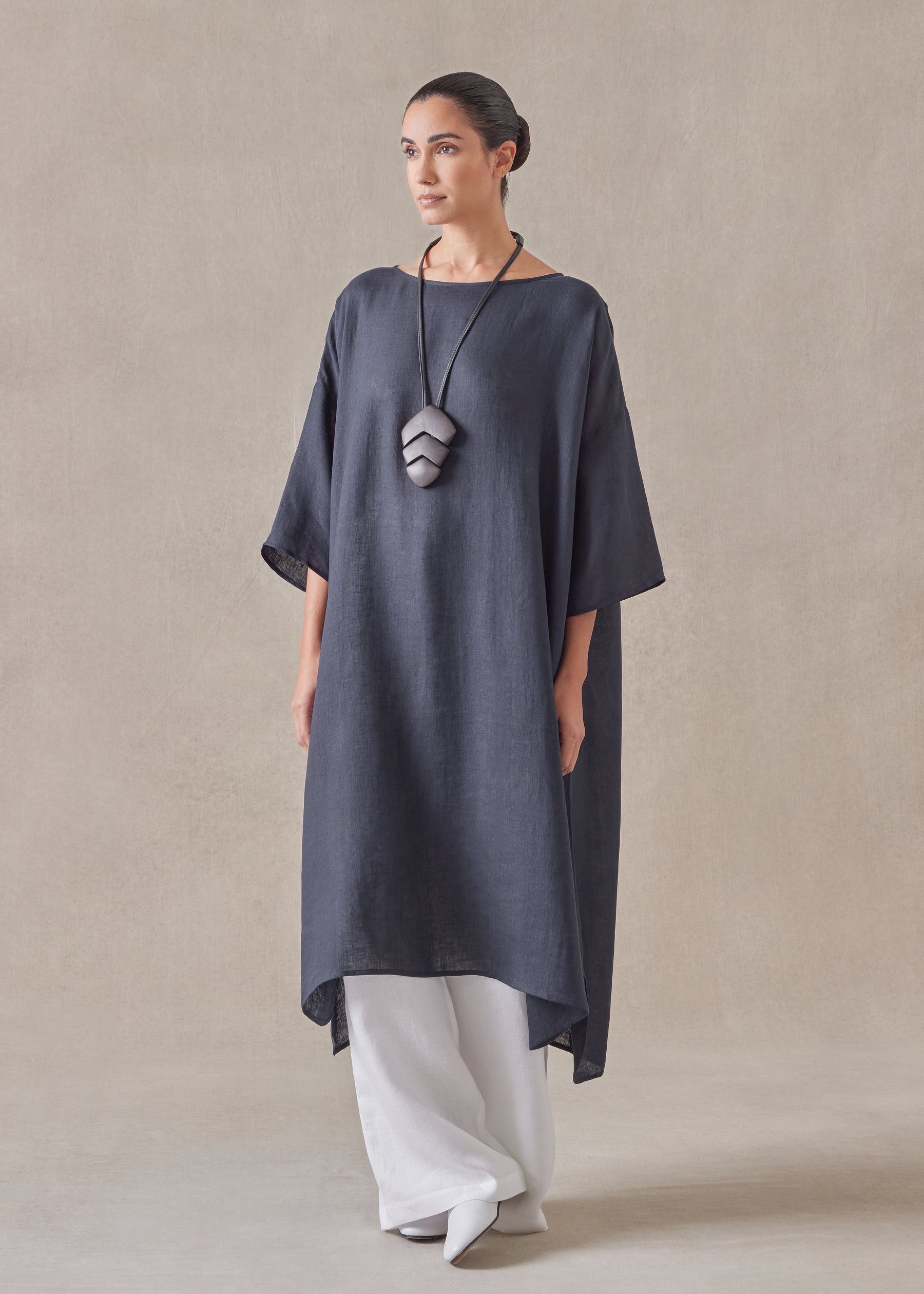 linen sloped shoulder wide a-line short sleeve scoop neck dress