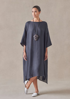 linen sloped shoulder wide a-line short sleeve scoop neck dress