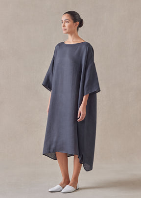 linen sloped shoulder wide a-line short sleeve scoop neck dress