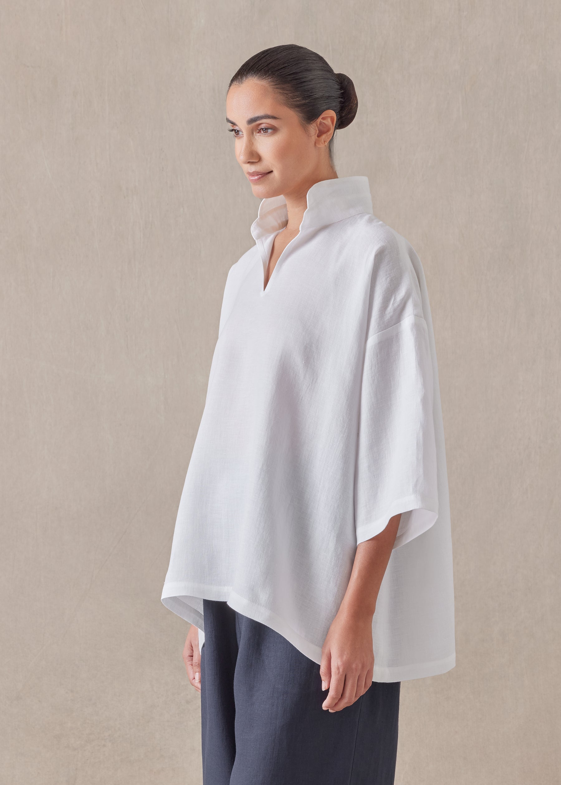 linen a-line short sleeve tunic with double stand collar - mid