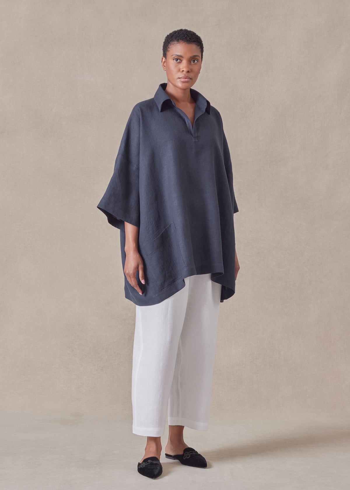 linen angle to front side seam short sleeve tunic with collar - long