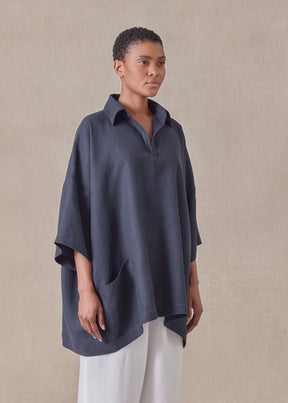 linen angle to front side seam short sleeve tunic with collar - long