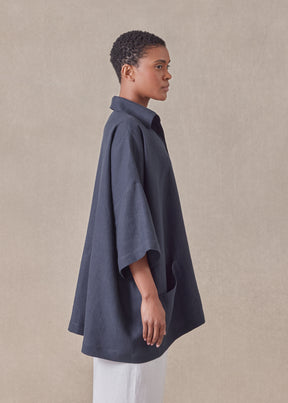 linen angle to front side seam short sleeve tunic with collar - long